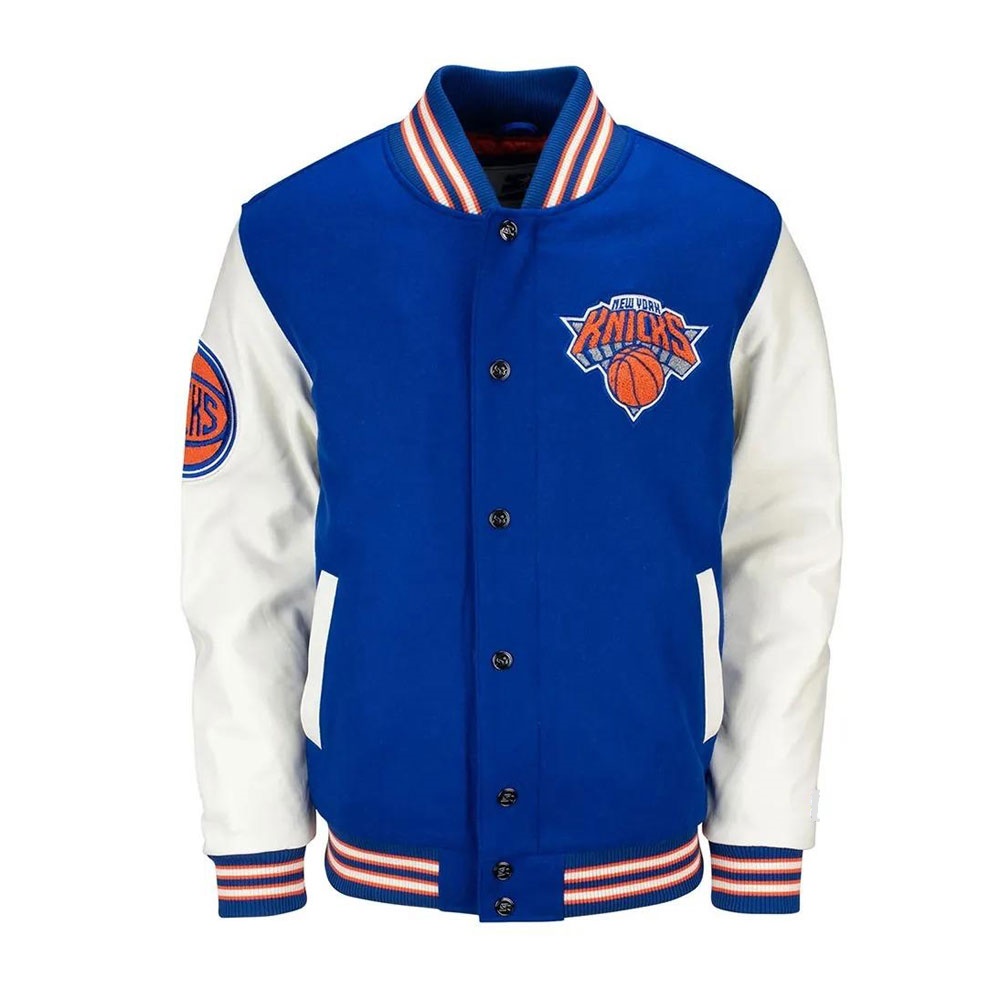 Prospect NY Knicks Blue and White Varsity Wool with Leather Sleeves Jacket