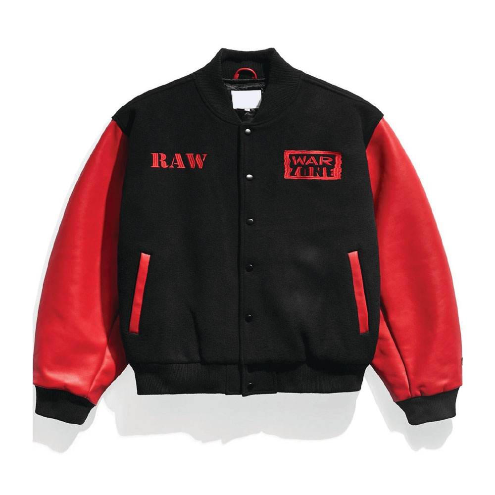 Raw Is War Retro Varsity Jacket Black/Red Wool Body with Leather Sleeves