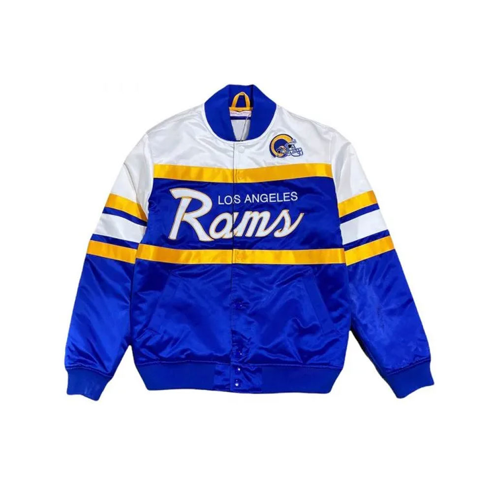 Los Angeles Rams Special Script Satin Varsity Bomber Jacket – Blue & White