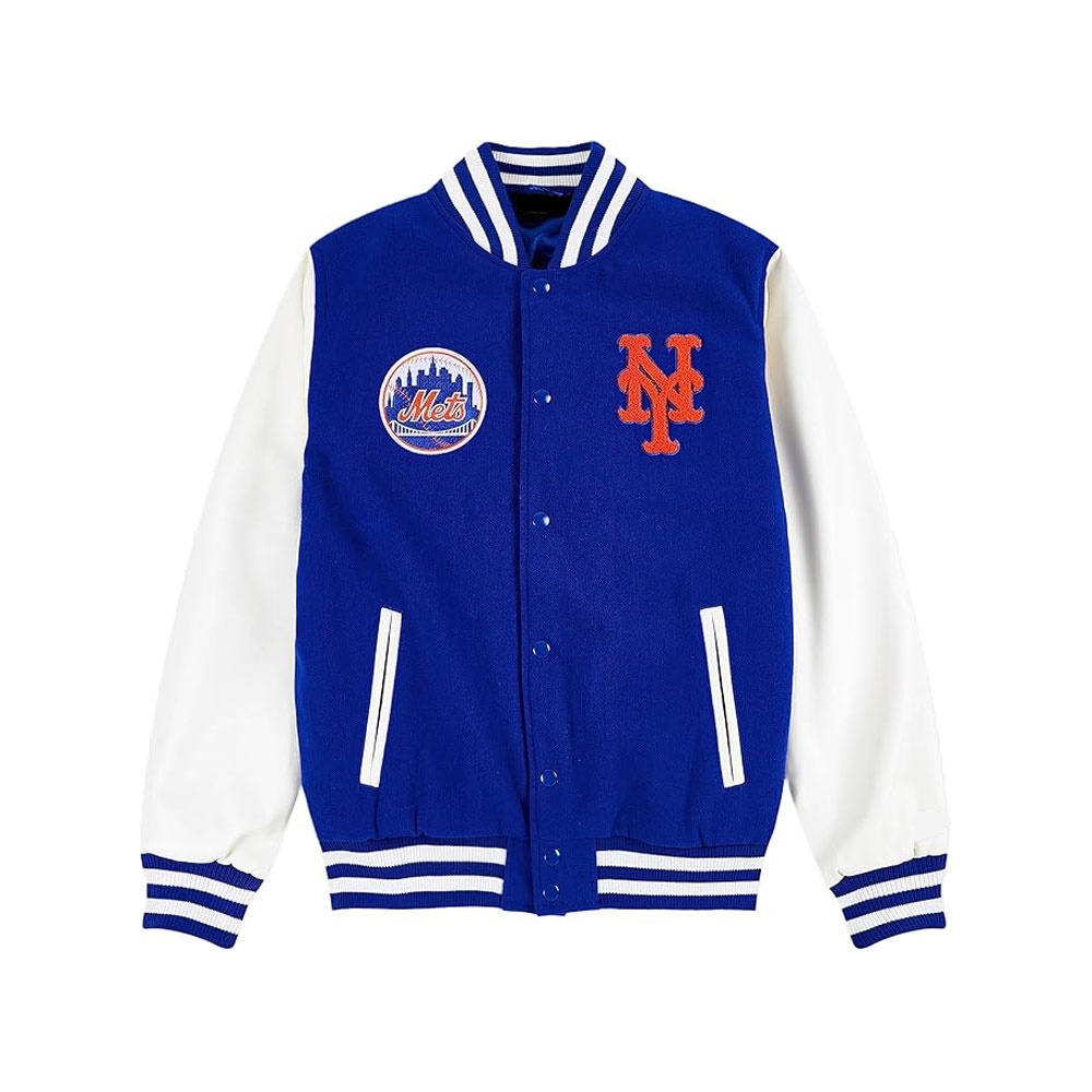 New York Mets NY Royal Blue and White Varsity Wool With Leather Sleeves Jacket