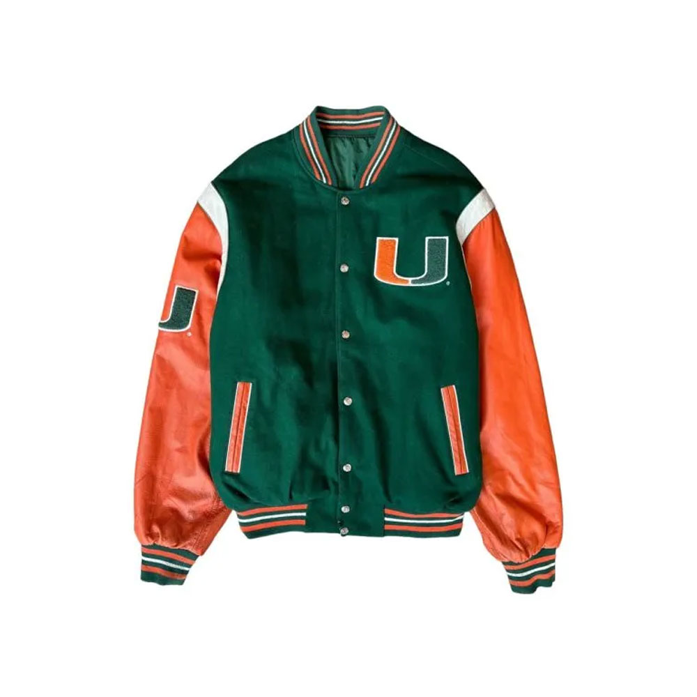 Miami Hurricanes 90’s Green and Orange Varsity Wool/Leather Jacket