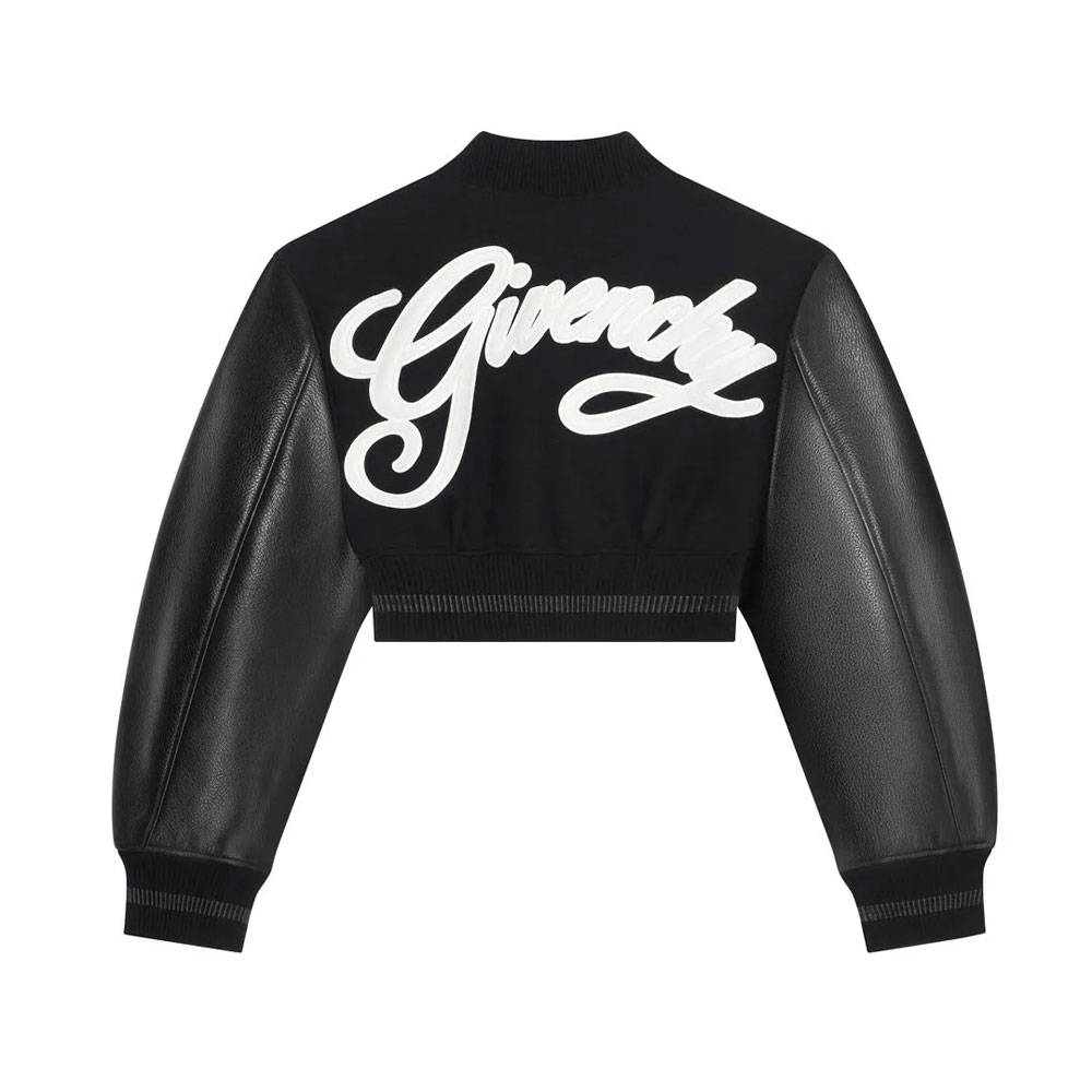 Chrishell Stause Selling Sunset Cropped Varsity Wool with Leather Sleeves Jacket