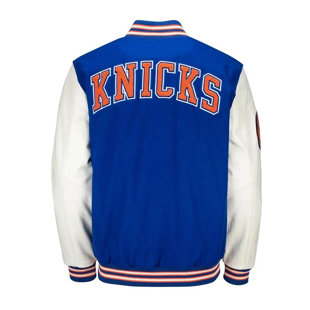 Prospect NY Knicks Blue and White Varsity Wool with Leather Sleeves Jacket