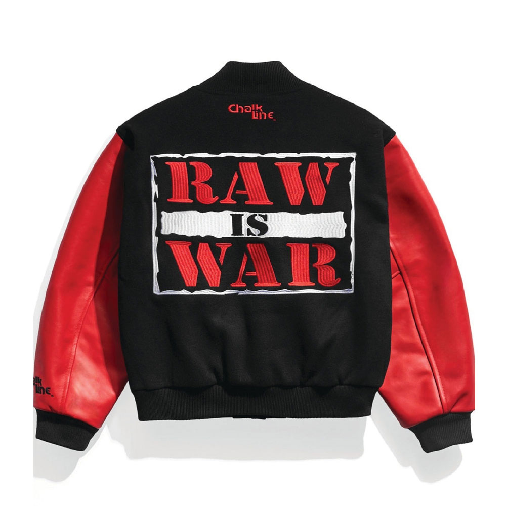 Raw Is War Retro Varsity Jacket Black/Red Wool Body with Leather Sleeves