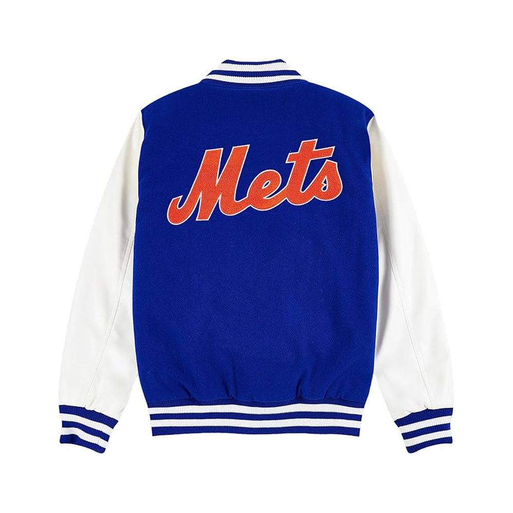New York Mets NY Royal Blue and White Varsity Wool With Leather Sleeves Jacket