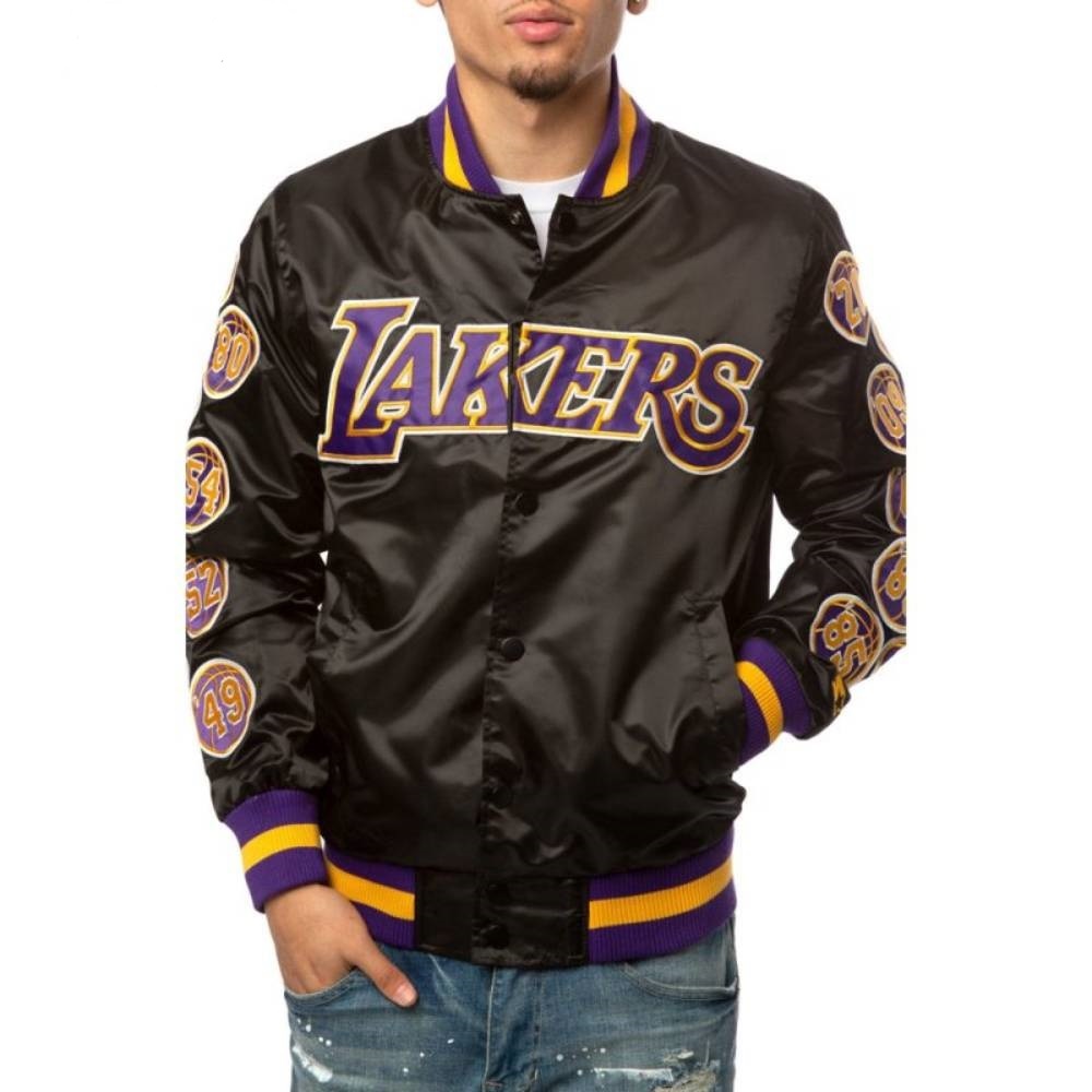 17 Patches Los Angeles Lakers Champs Bomber Satin Varsity Jacket Black color