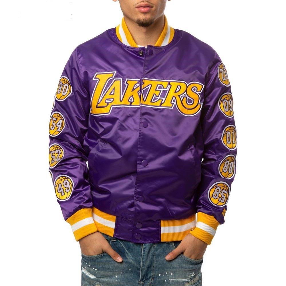 17 Patches Los Angeles Lakers Champs Bomber Satin Varsity Jacket Purple color
