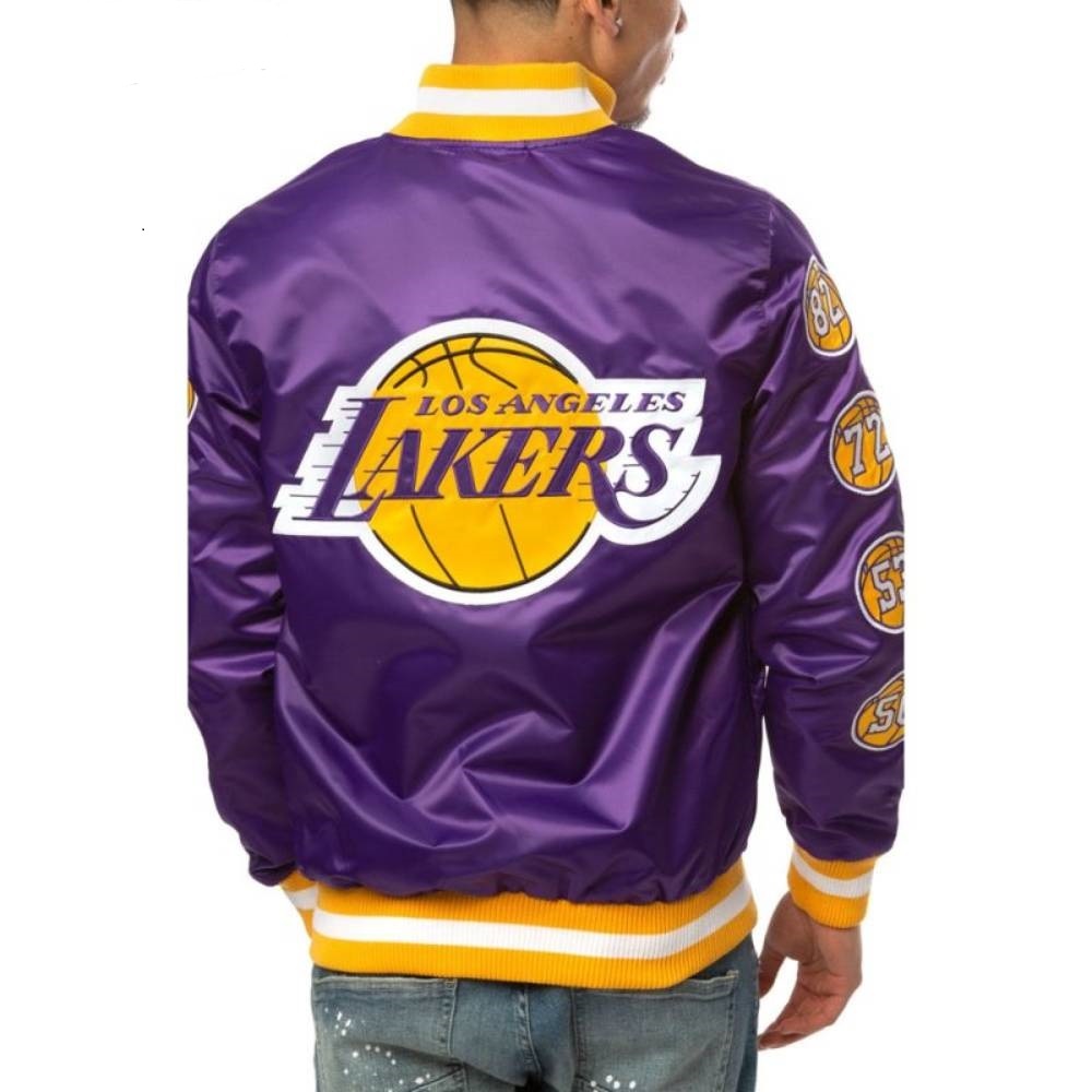 17 Patches Los Angeles Lakers Champs Bomber Satin Varsity Jacket Purple color