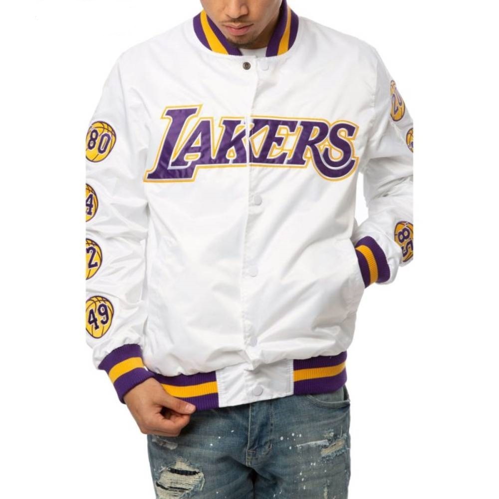17 Patches Los Angeles Lakers Champs Bomber Satin Varsity Jacket White color