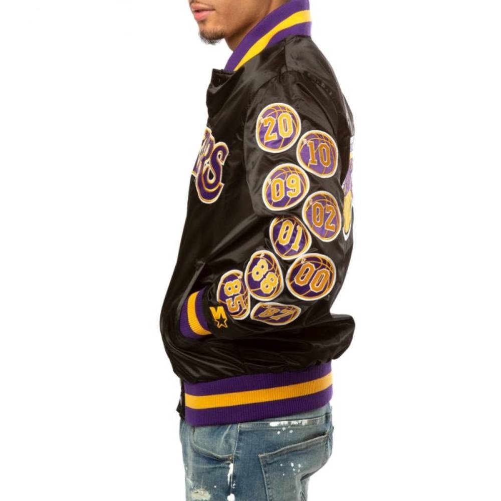 17 Patches Los Angeles Lakers Champs Bomber Satin Varsity Jacket Black color