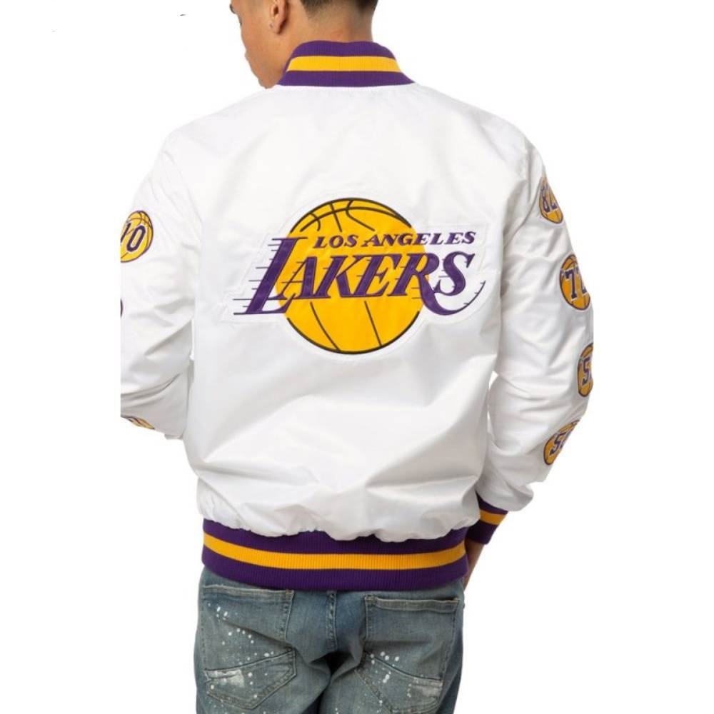 17 Patches Los Angeles Lakers Champs Bomber Satin Varsity Jacket White color