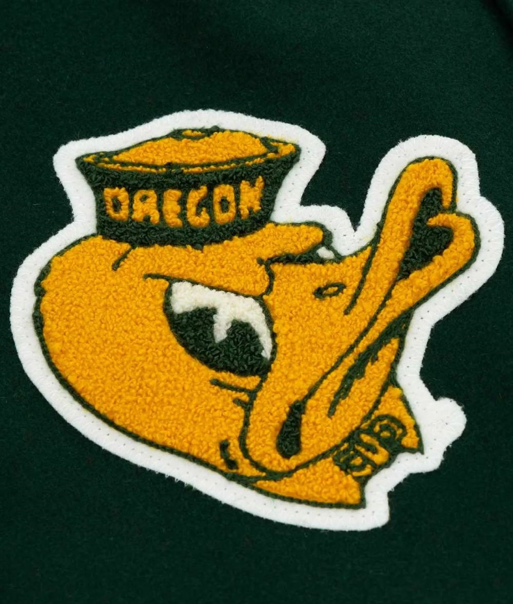 University of Oregon 1967 Green Beige Varsity Wool/Leather Jacket - Image 3