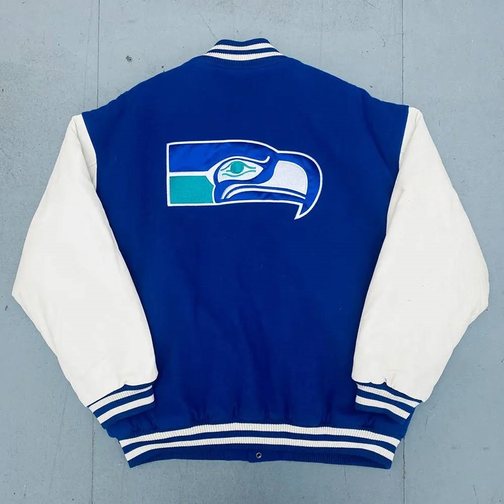 Seattle Seahawks 1990’s Royal Blue and White Varsity Wool/Leather Jacket