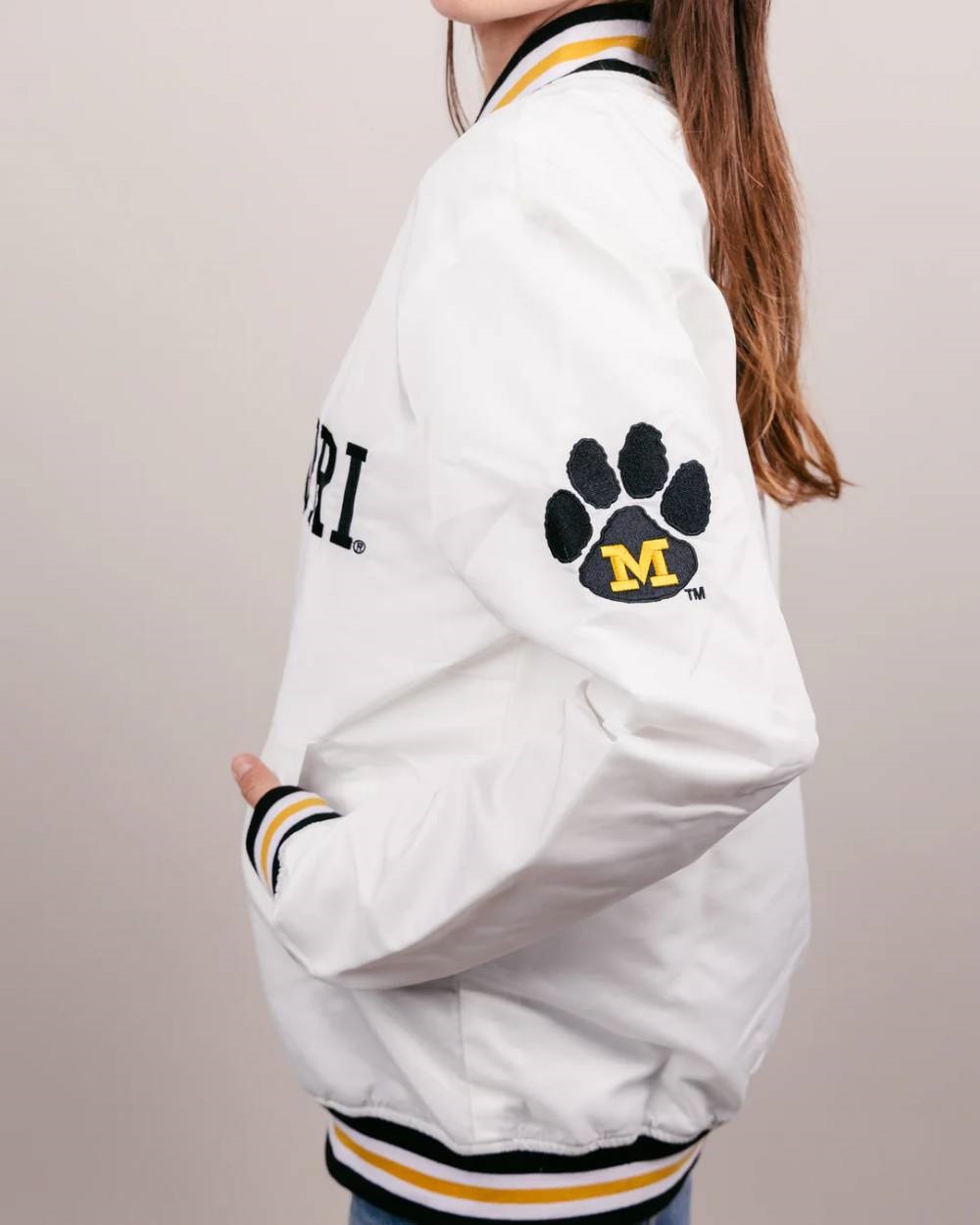 Missouri Tigers Paw Full-Snap Varsity White Satin Jacket - Image 3