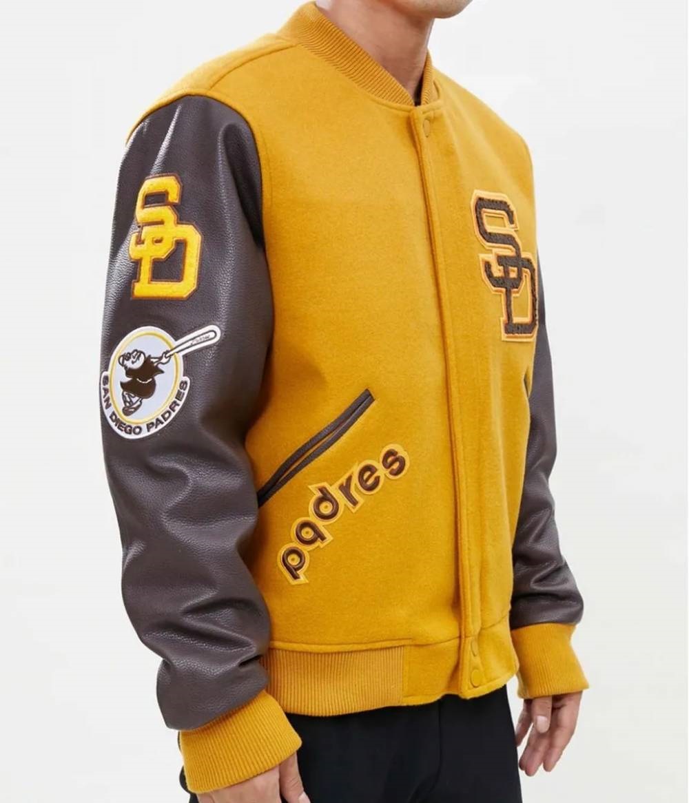 San Diego Padres Logo Full-Zip Varsity Wool/Leather Yellow Jacket - Image 3