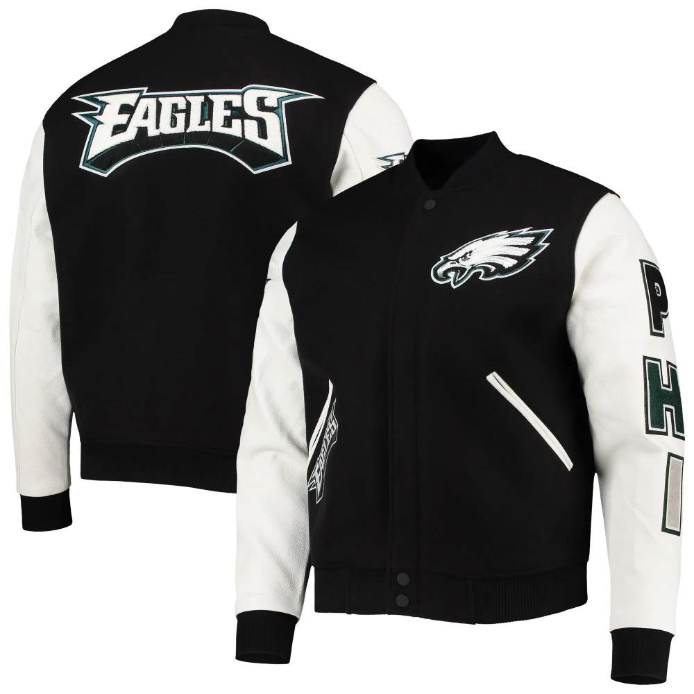 Philadelphia Eagles Black/White Full-Zip Wool/Leather Varsity Jacket