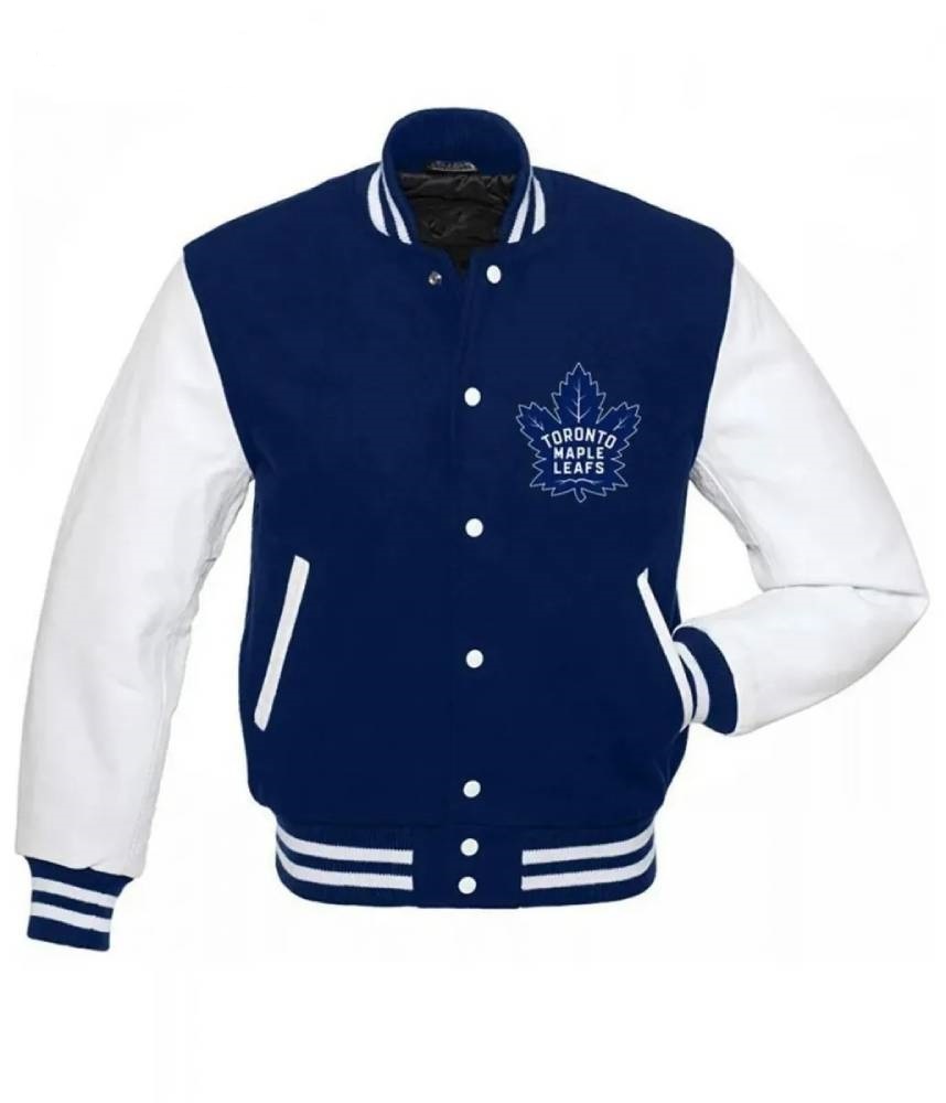 Toronto Maple Leafs NHL Letterman Blue and White Wool & Leather Sleeves Jacket