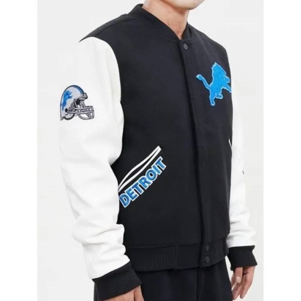 Detroit Lions Varsity Black & White Full-Snap Wool/Leather Letterman Jacket