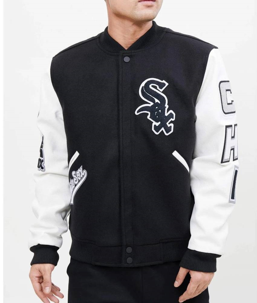 Chicago White Sox Black & White Varsity Letterman Wool Leather Jacket