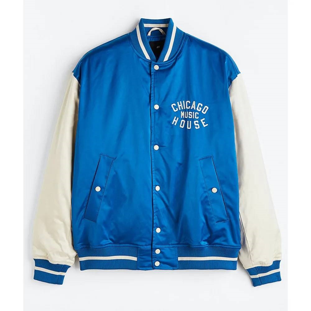 Chicago House Music Baseball Satin Bomber Blue White Jacket