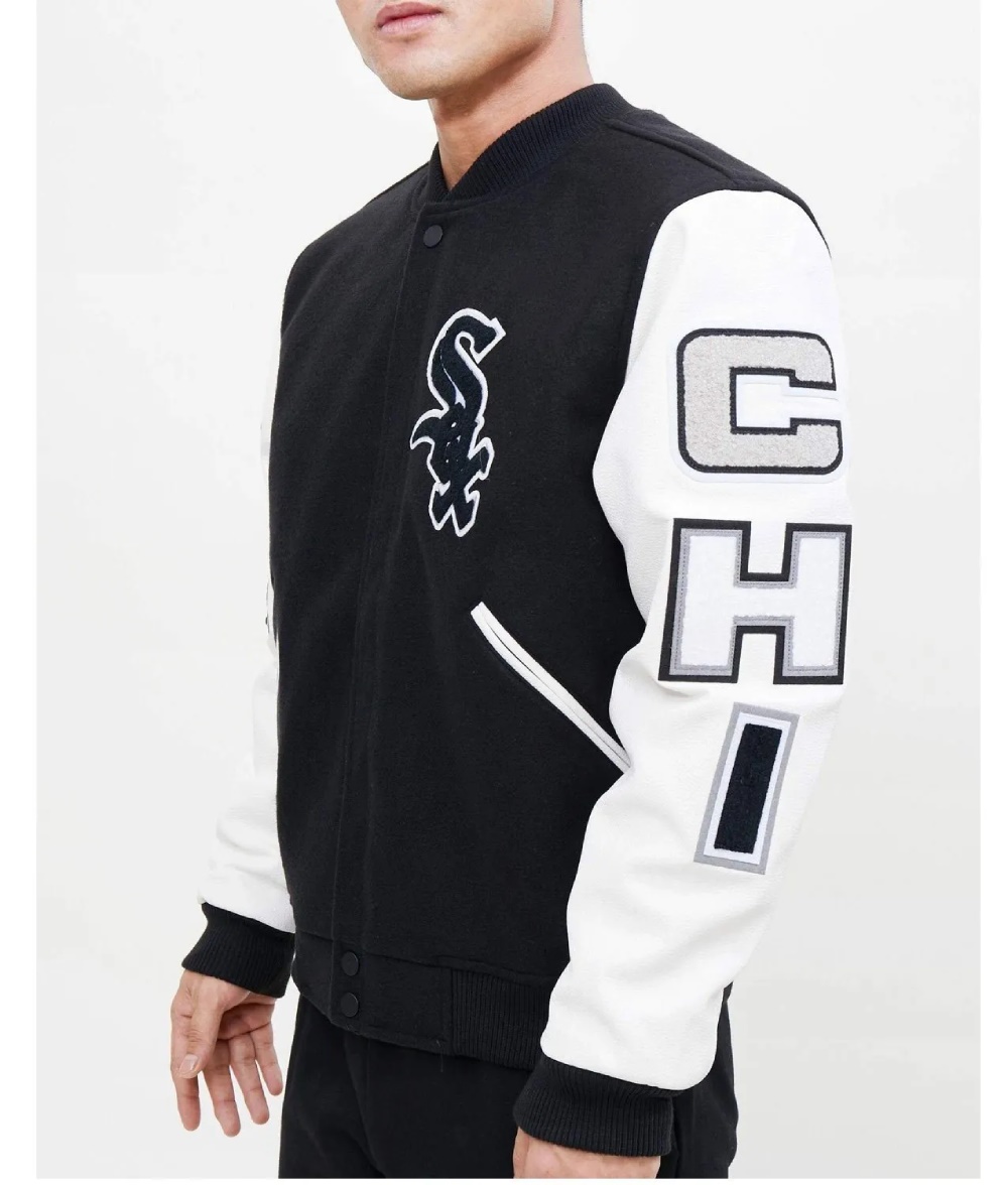 Chicago White Sox Black & White Varsity Letterman Wool Leather Jacket - Image 2