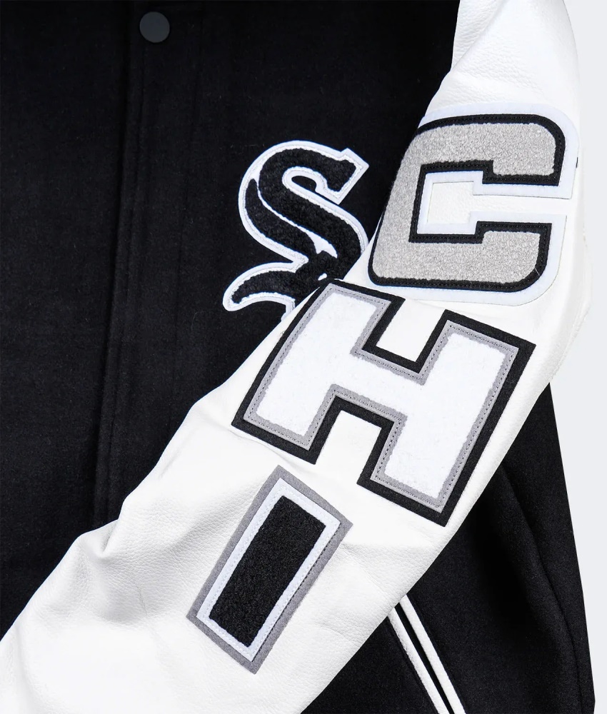 Chicago White Sox Black & White Varsity Letterman Wool Leather Jacket - Image 3