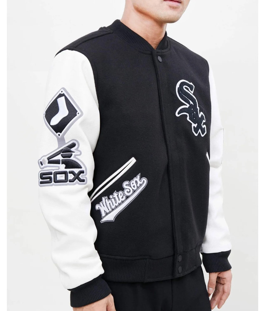 Chicago White Sox Black & White Varsity Letterman Wool Leather Jacket - Image 4