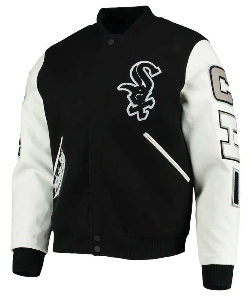 Chicago White Sox Black & White Varsity Letterman Wool Leather Jacket - Image 5