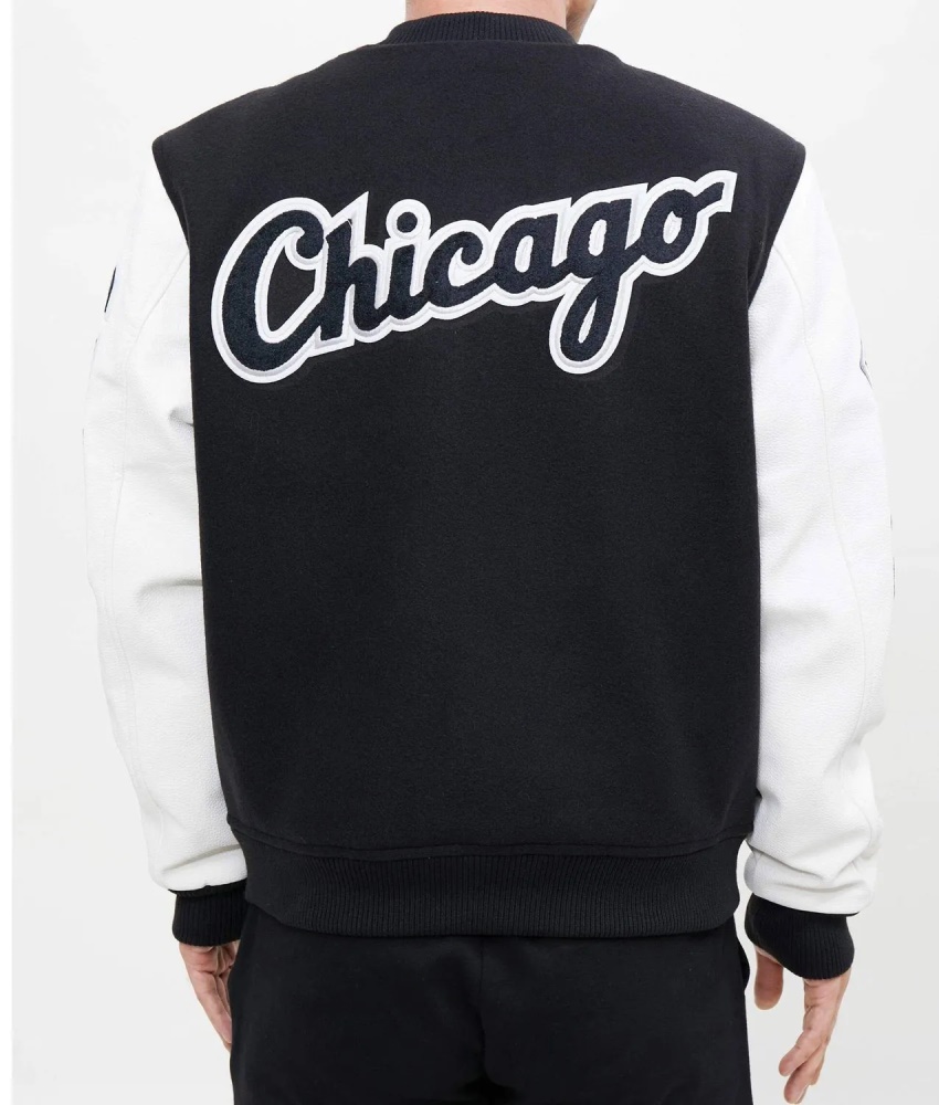 Chicago White Sox Black & White Varsity Letterman Wool Leather Jacket - Image 7