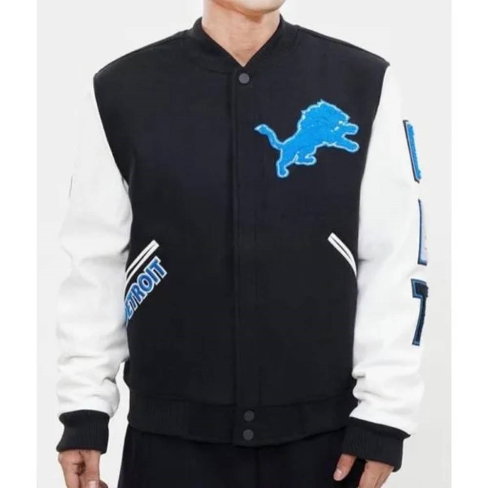 Detroit Lions Varsity Black & White Full-Snap Wool/Leather Letterman Jacket