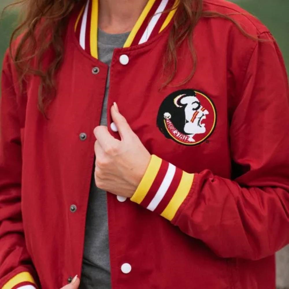 Florida State Seminoles Red Script Bomber Full-Snap Satin Jacket