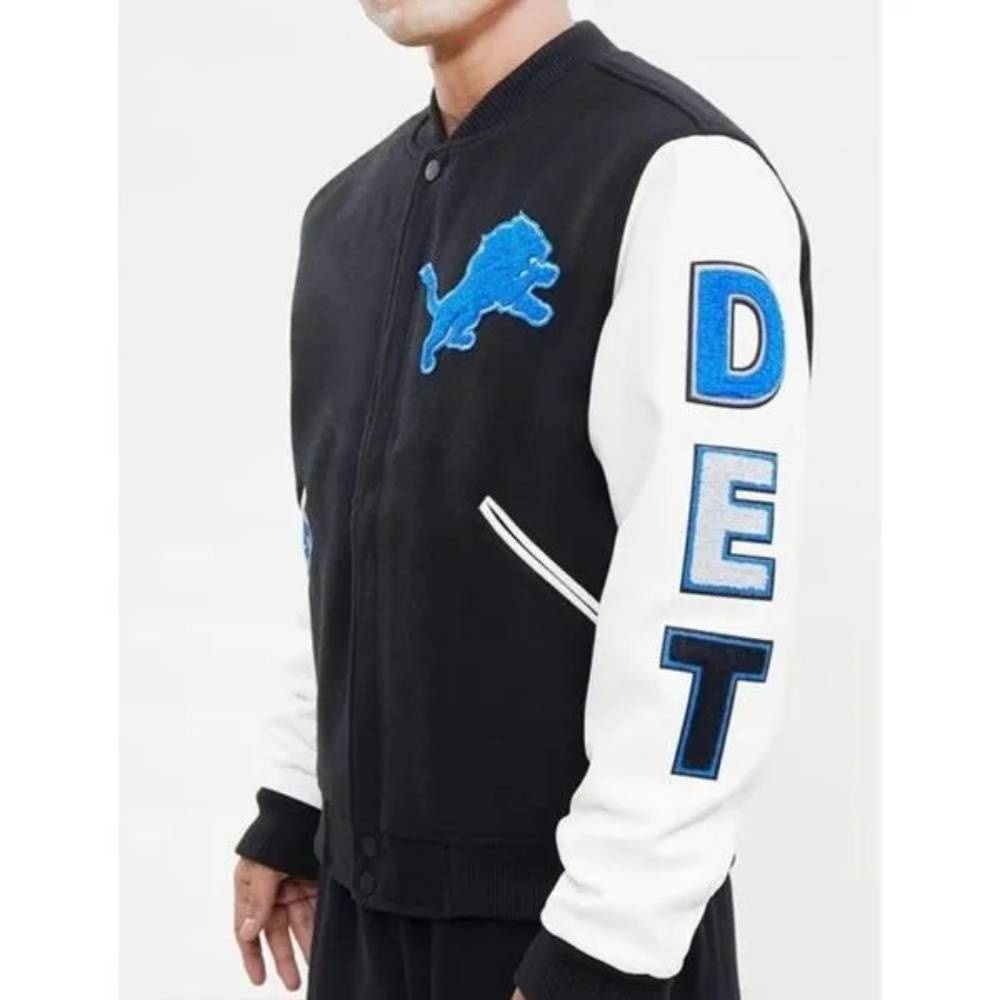 Detroit Lions Varsity Black & White Full-Snap Wool/Leather Letterman Jacket - Image 4