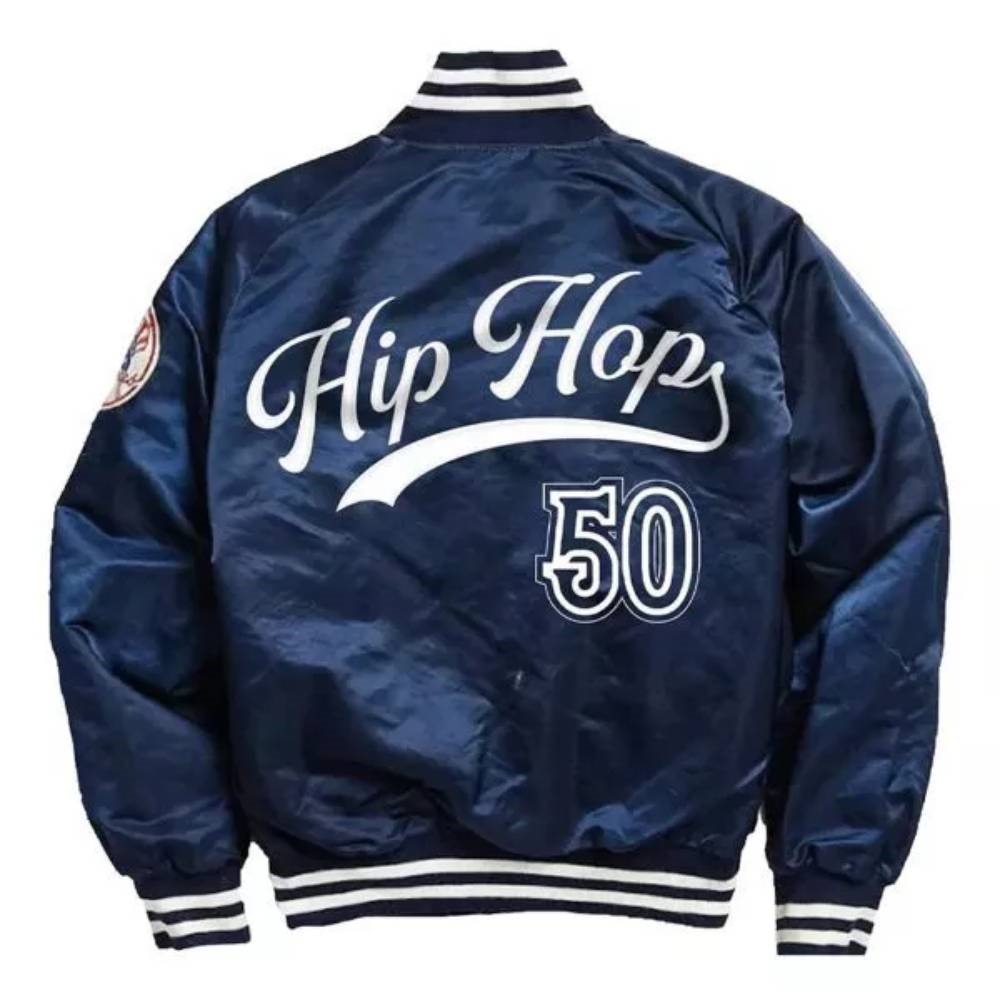 NY Unisex New York Yankees 50 Years of Hip Hop Navy Blue Satin Varsity Jacket