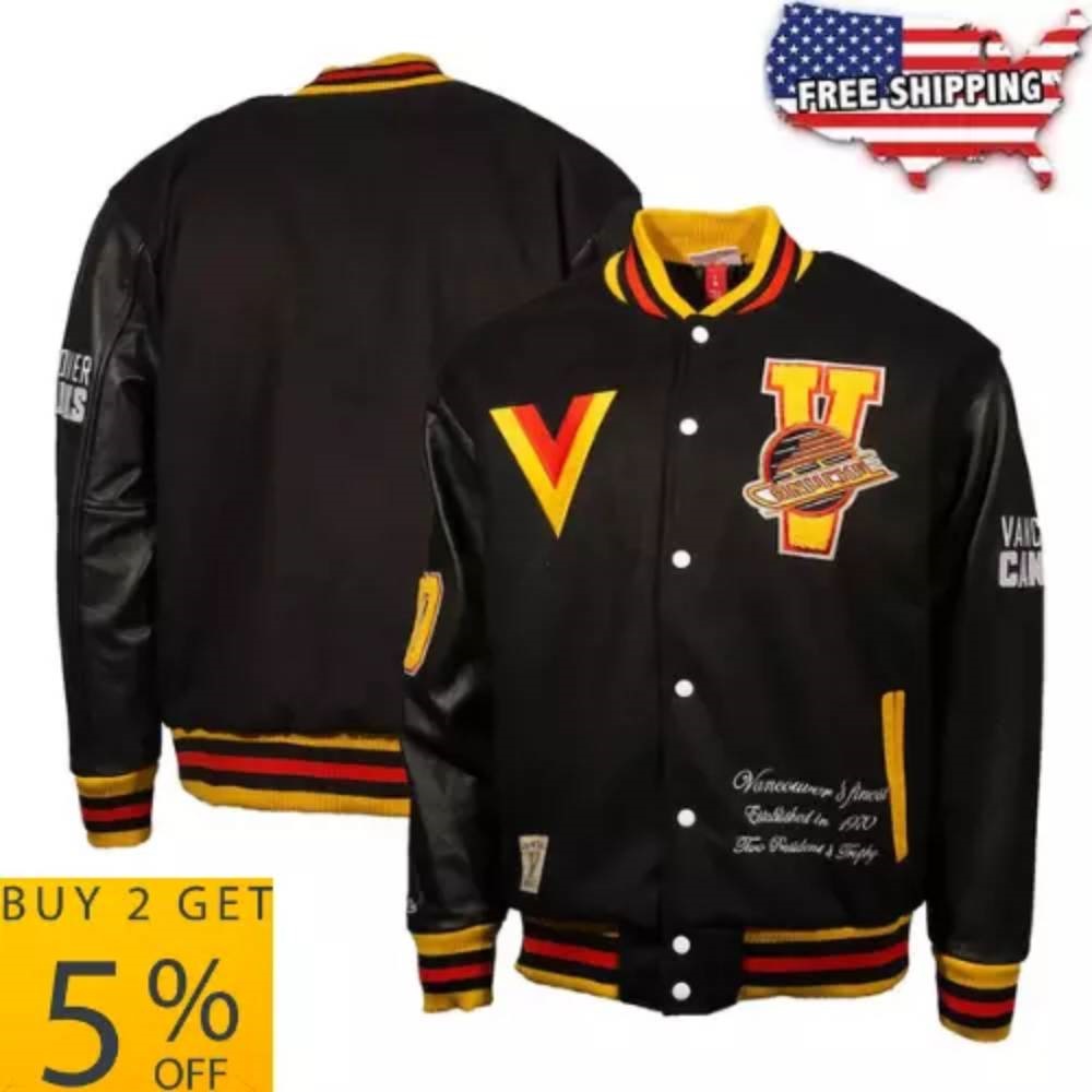 70’s Vancouver Canucks Varsity Full-Snap Black Wool/Leather Jacket
