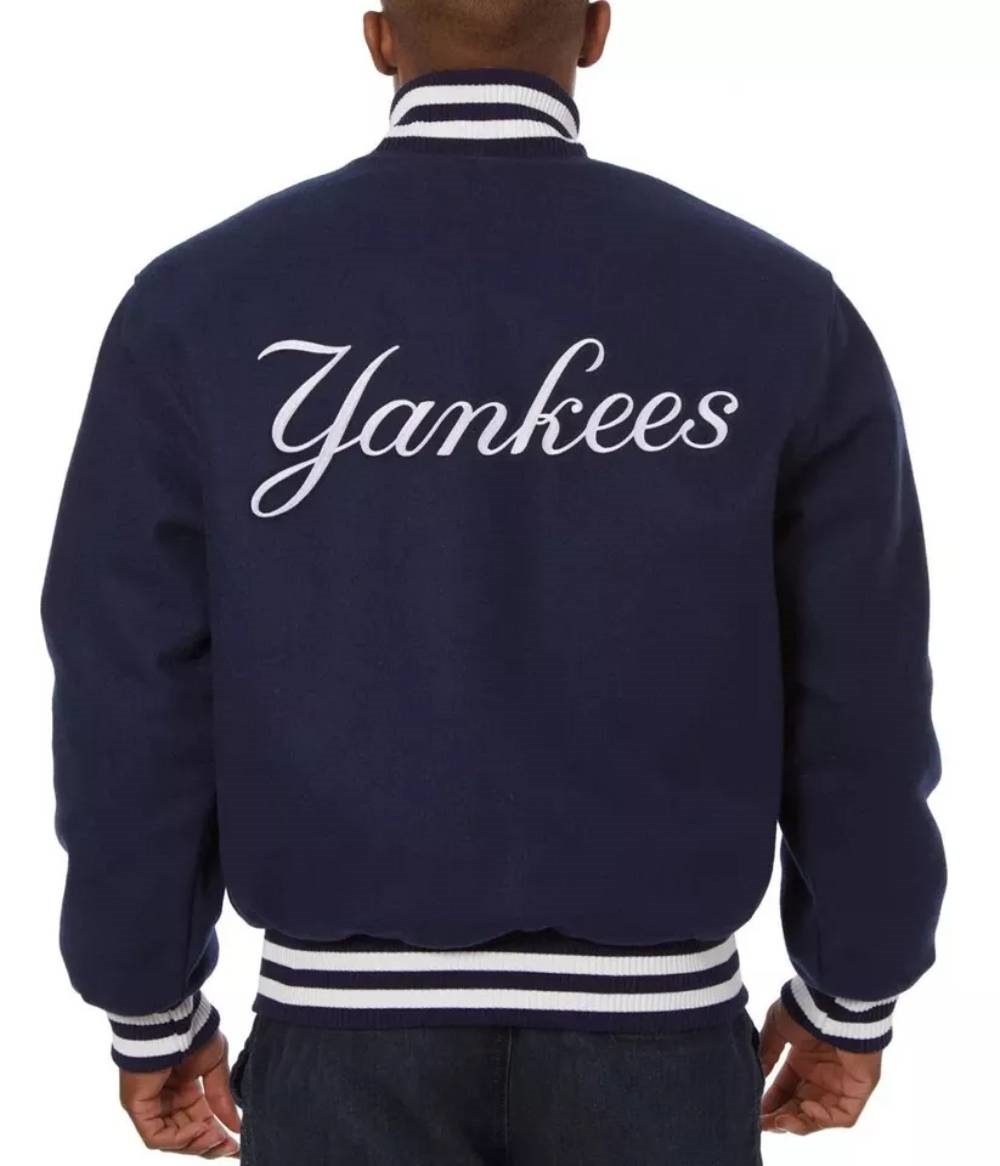 New York Yankees NY Embroidered Blue Wool Varsity Bomber Jacket - Image 2