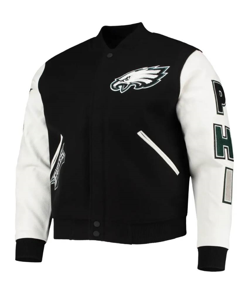 Philadelphia Eagles Black/White Full-Zip Wool/Leather Varsity Jacket