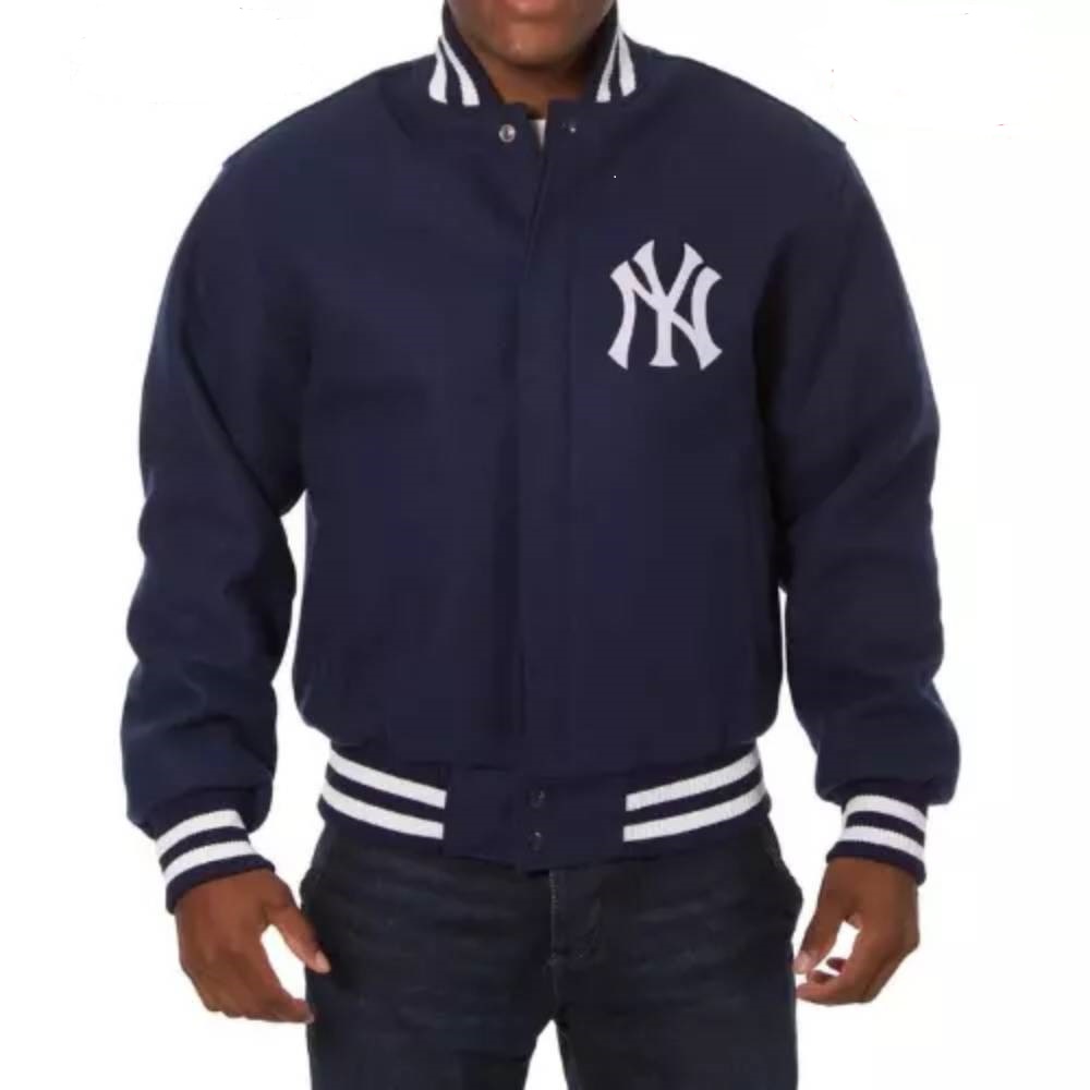 New York Yankees NY Embroidered Blue Wool Varsity Bomber Jacket