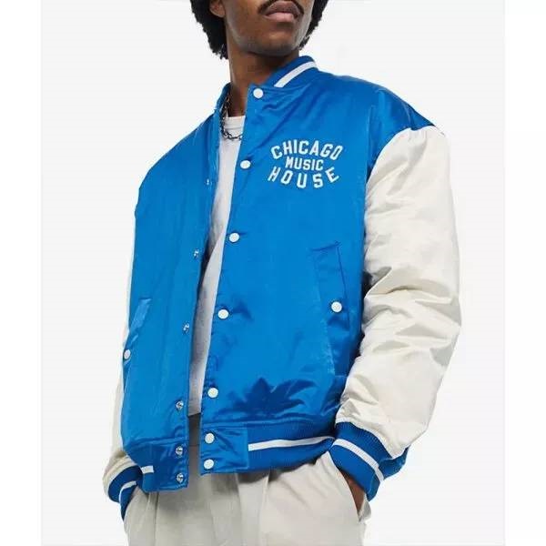 Chicago House Music Baseball Satin Bomber Blue White Jacket - Image 3