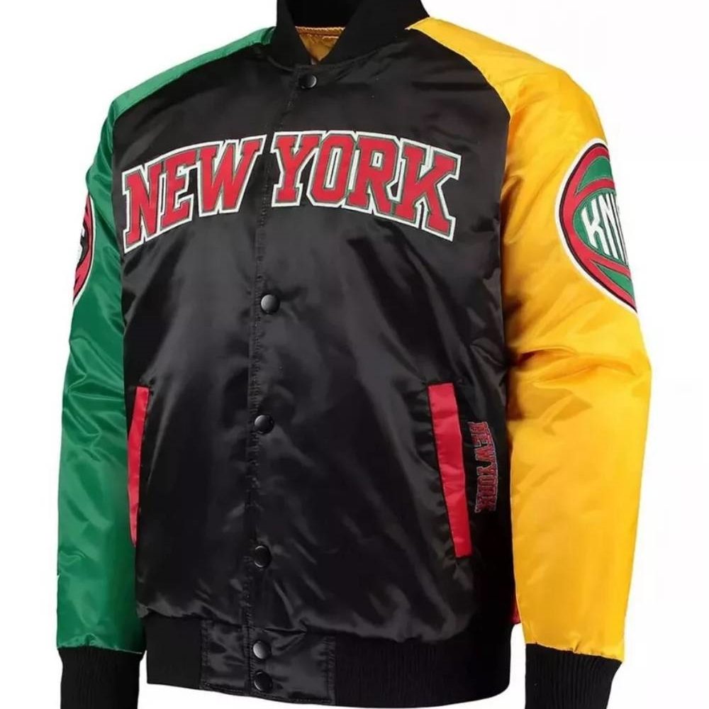 New York Knicks Mopkins Full-Snap Black/Red Satin Bomber Jacket
