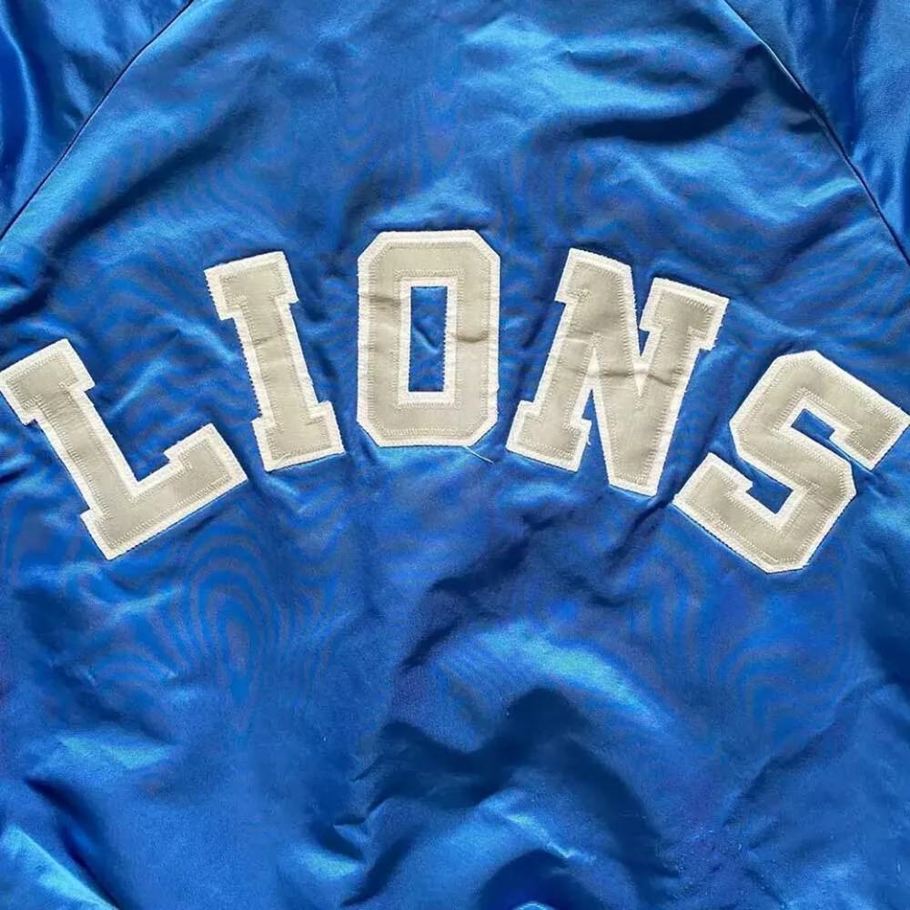 Detroit Lions 80s Satin Full-Snap Blue Bomber Jacket - Image 4