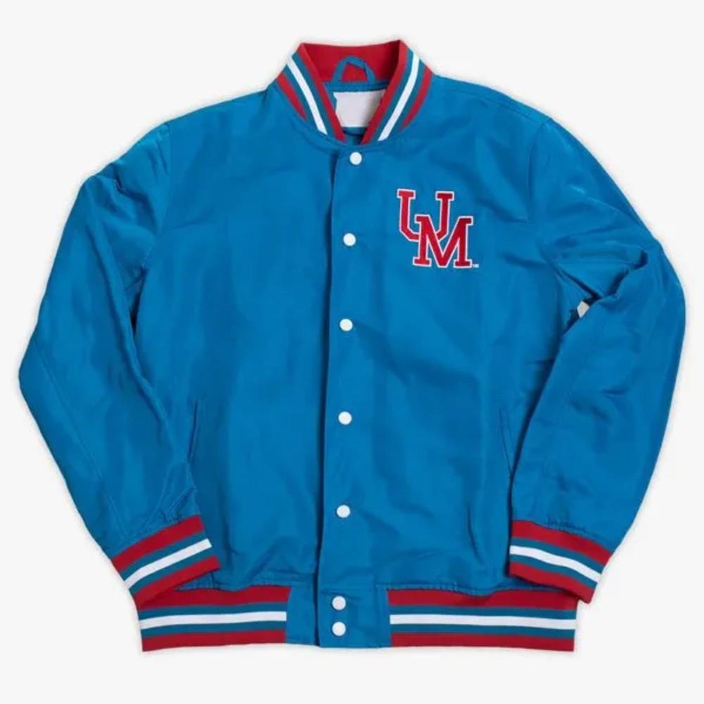 Ole Miss Inspired Script Satin Blue Bomber Jacket