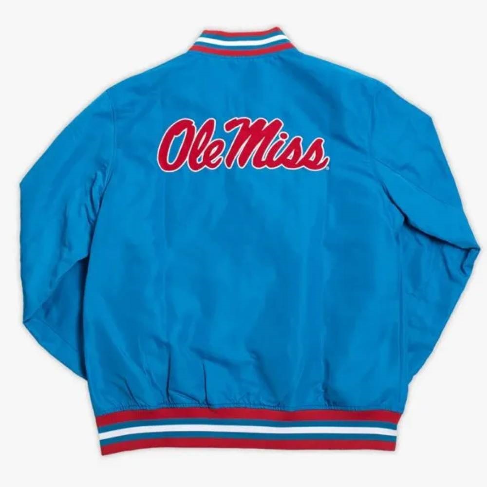 Ole Miss Inspired Script Satin Blue Bomber Jacket