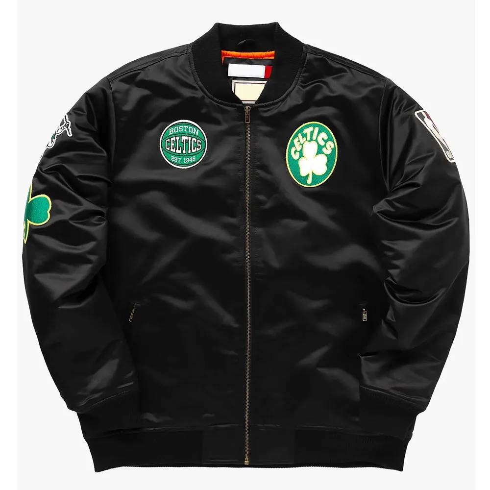 Boston Celtics Black Full-Zip Satin Bomber Jacket
