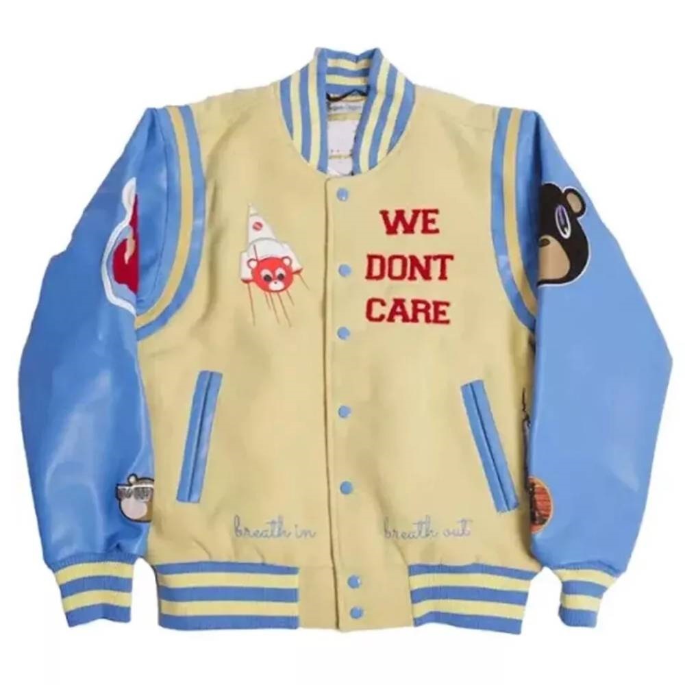 College Dropout We Don’t Care Varsity Cream Blue Wool/Leather Jacket