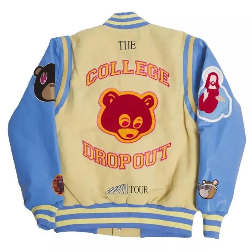 College Dropout We Don’t Care Varsity Cream Blue Wool/Leather Jacket