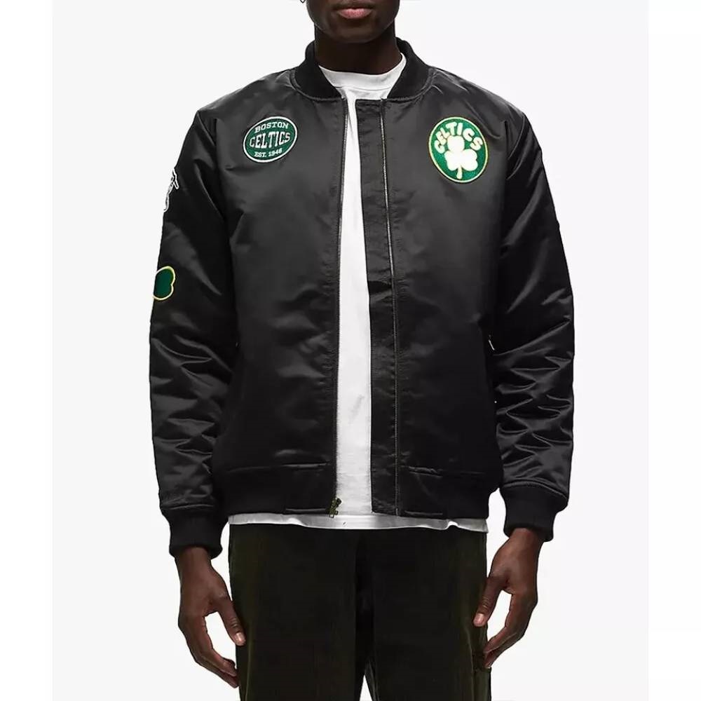 Boston Celtics Black Full-Zip Satin Bomber Jacket