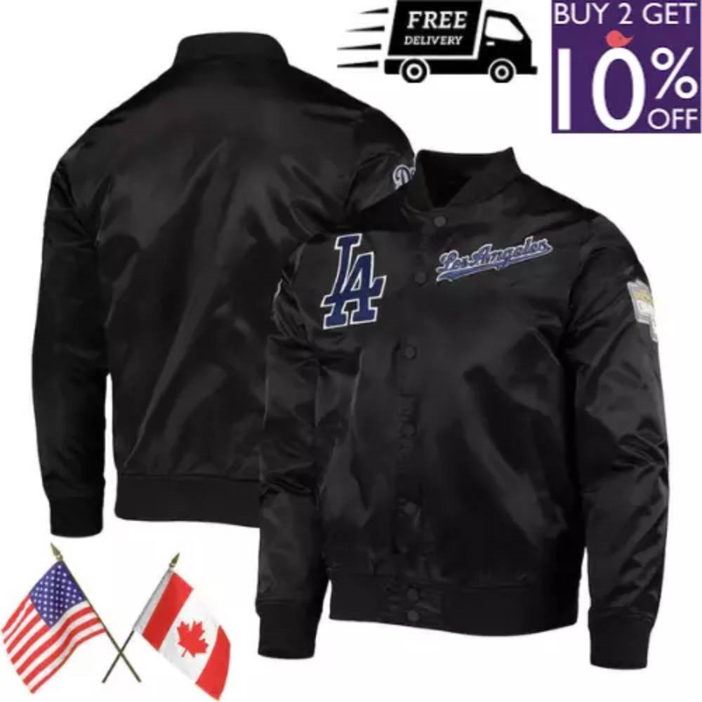 Los Angeles Dodgers Black Satin Bomber Wordmark Full-Snap Jacket