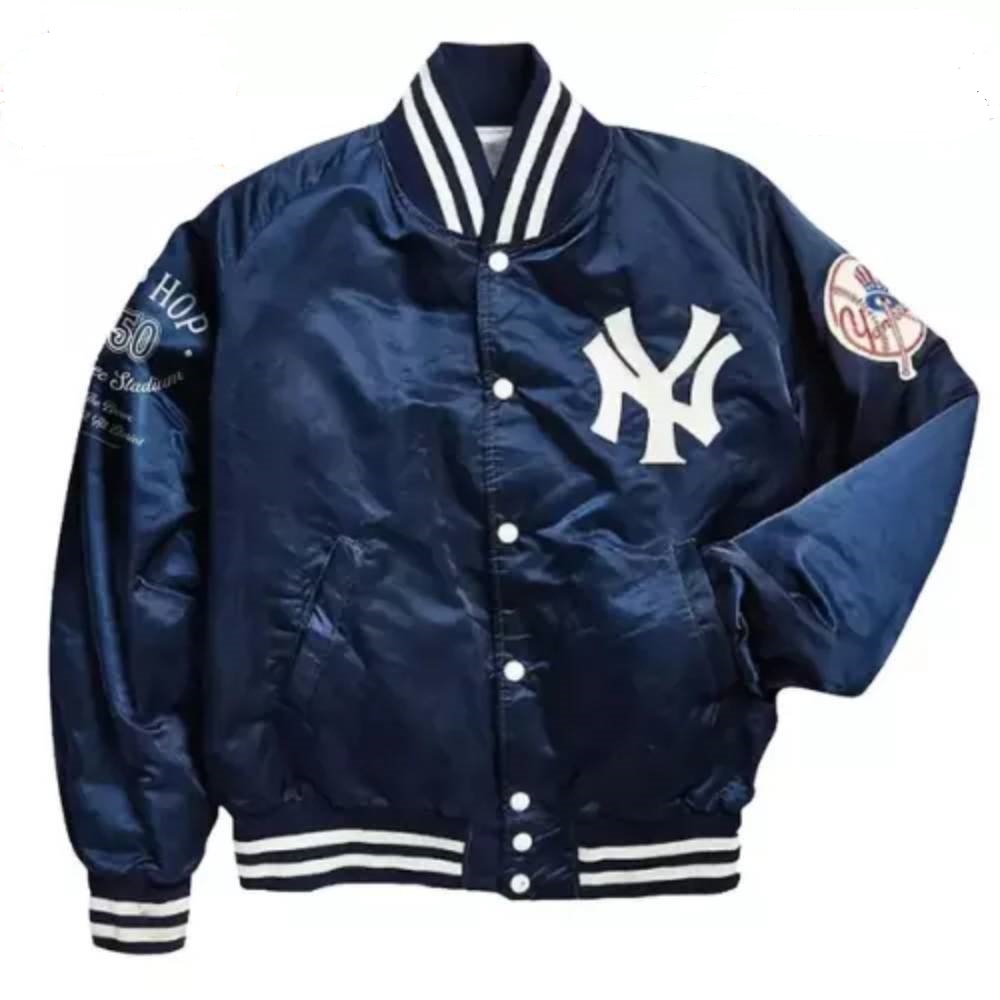 NY Unisex New York Yankees 50 Years of Hip Hop Navy Blue Satin Varsity Jacket