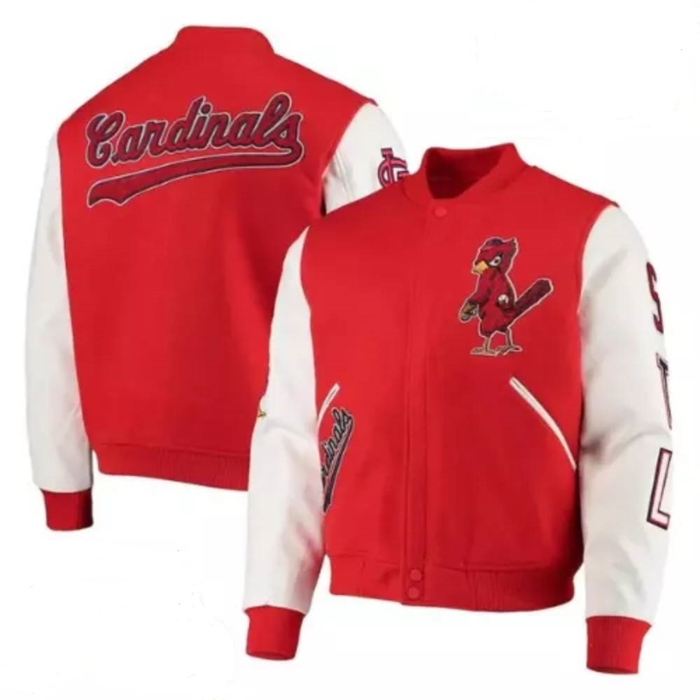 St. Louis Cardinals Varsity Letterman Red and White Two Tone Wool/Leather Jacket