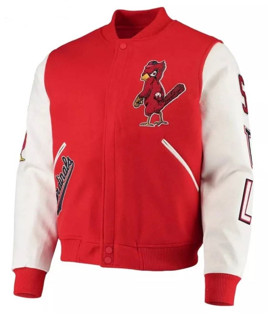 St. Louis Cardinals Varsity Letterman Red and White Two Tone Wool/Leather Jacket